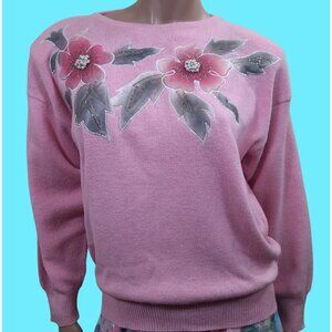 Vintage 80s Pastel Pink Sweater Beaded Floral Applique Size M Pullover